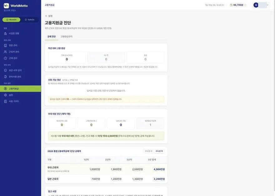 고용지원금 진단 화면